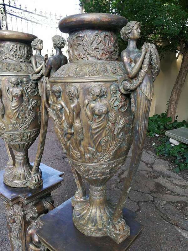 A Pair of Large Size Bronze Urns on Plinths