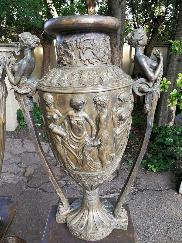 A Pair of Large Size Bronze Urns on Plinths