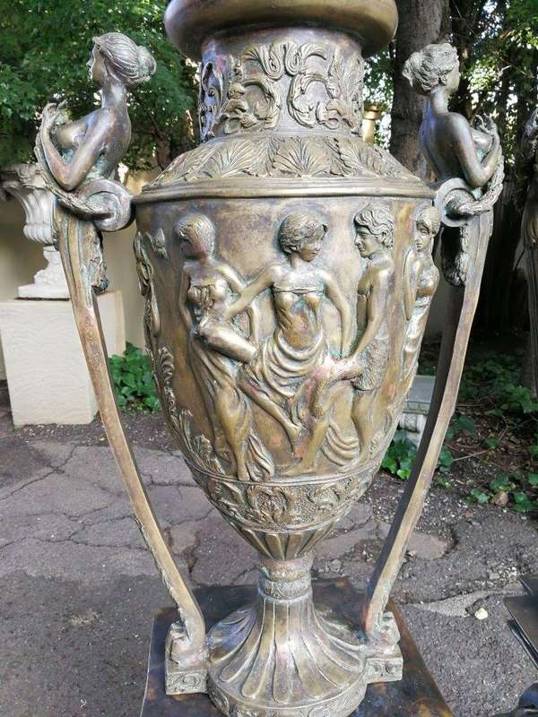 A Pair of Large Size Bronze Urns on Plinths