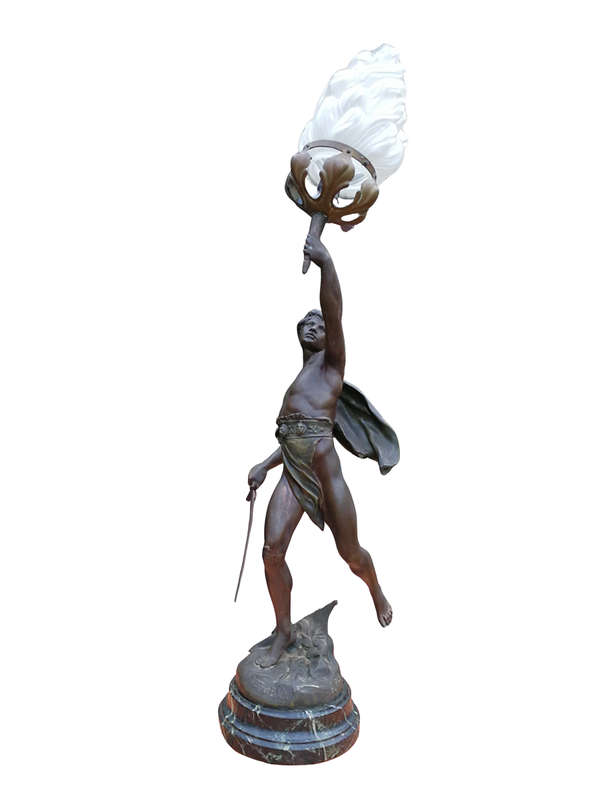 Spelter Torch Carrier Lamp With Frosted Glass Shade