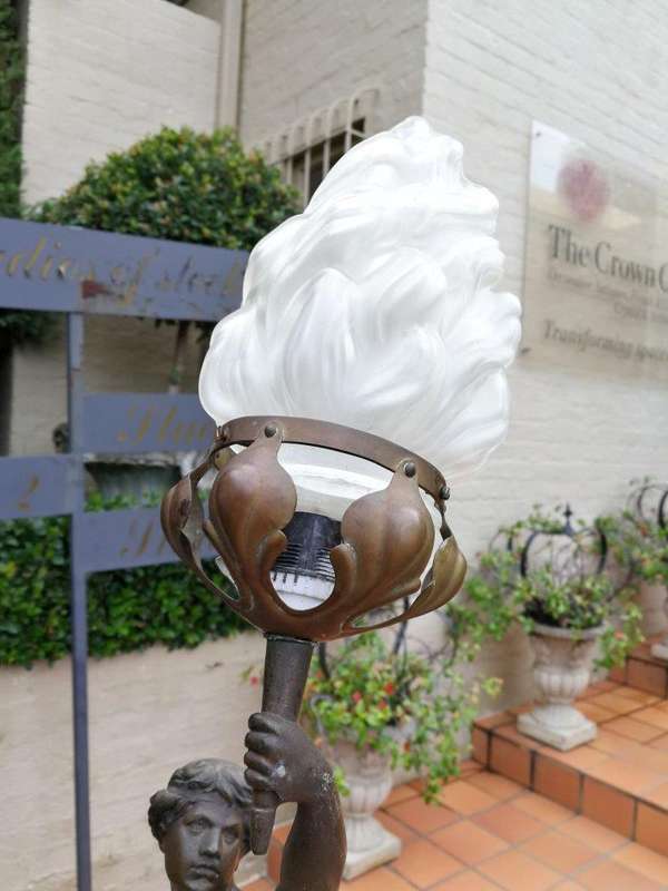 Spelter Torch Carrier Lamp With Frosted Glass Shade