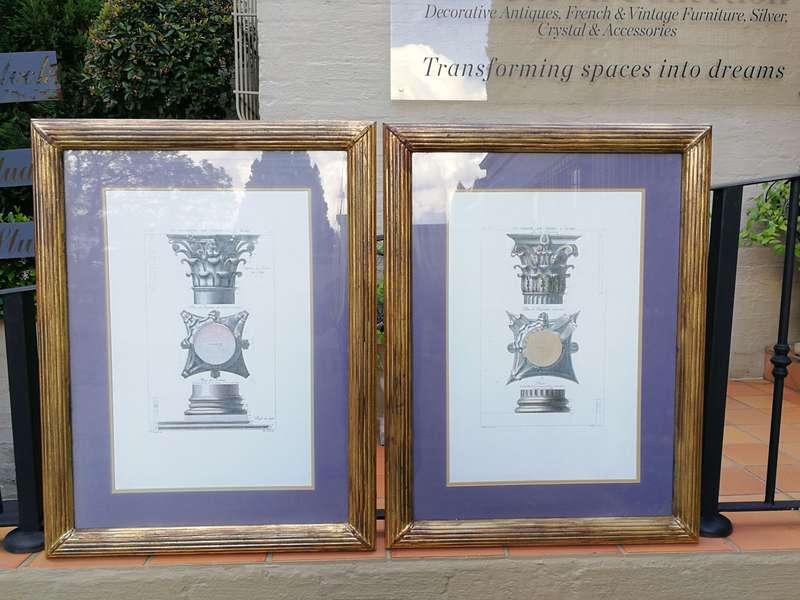 A Pair of Two Engravings In Hand Gilded with Gold Leaf Frames. Du Portique Du Pantheon a Rome, an...