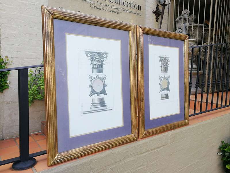 A Pair of Two Engravings In Hand Gilded with Gold Leaf Frames. Du Portique Du Pantheon a Rome, an...