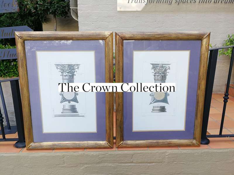 A Pair of Two Engravings In Hand Gilded with Gold Leaf Frames. Du Portique Du Pantheon a Rome, an...