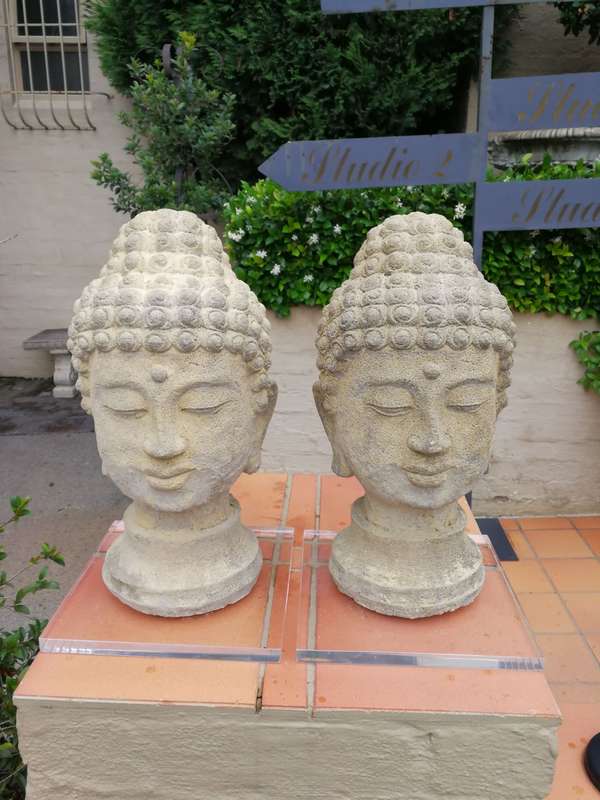 A Pair of 20th Century English Cast Stone Concrete Busts of Buddha On Perspex Bases ND