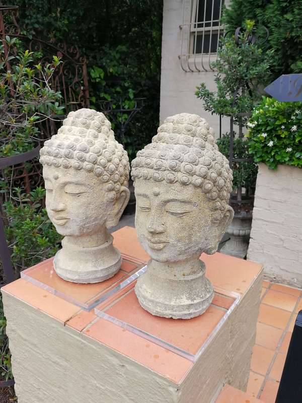A Pair of 20th Century English Cast Stone Concrete Busts of Buddha On Perspex Bases ND