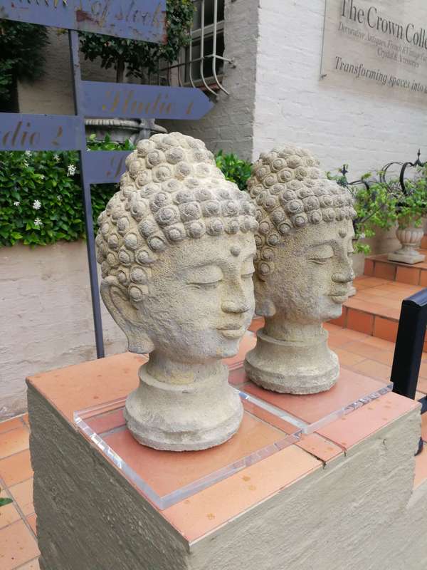 A Pair of 20th Century English Cast Stone Concrete Busts of Buddha On Perspex Bases ND