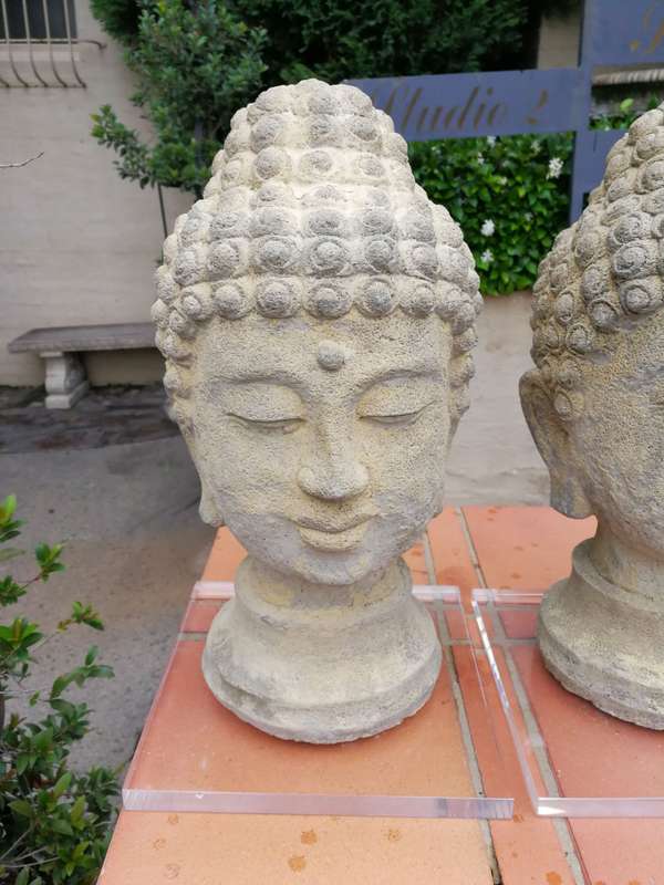 A Pair of 20th Century English Cast Stone Concrete Busts of Buddha On Perspex Bases ND