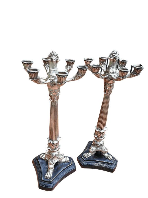 A Pair of Early 20th Century French Empire Style Silver- plated Chinoiserie Candelabras