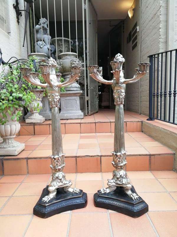 A Pair of Early 20th Century French Empire Style Silver- plated Chinoiserie Candelabras