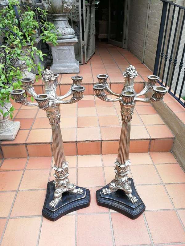 A Pair of Early 20th Century French Empire Style Silver- plated Chinoiserie Candelabras
