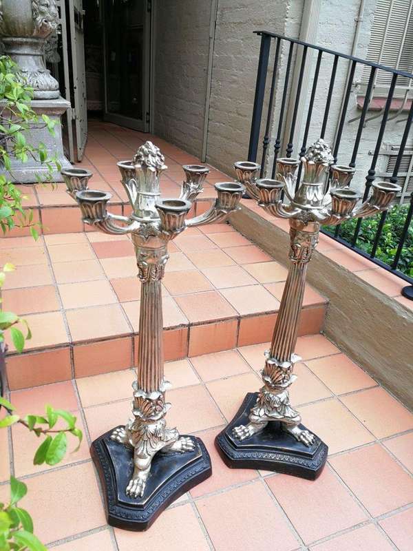 A Pair of Early 20th Century French Empire Style Silver- plated Chinoiserie Candelabras