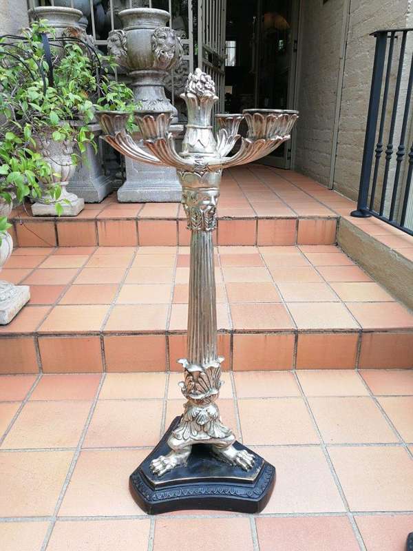A Pair of Early 20th Century French Empire Style Silver- plated Chinoiserie Candelabras