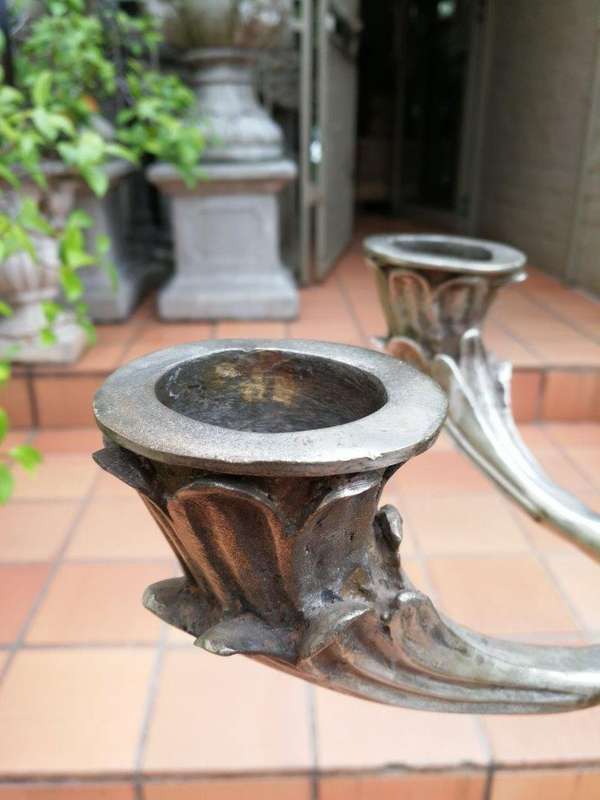 A Pair of Early 20th Century French Empire Style Silver- plated Chinoiserie Candelabras