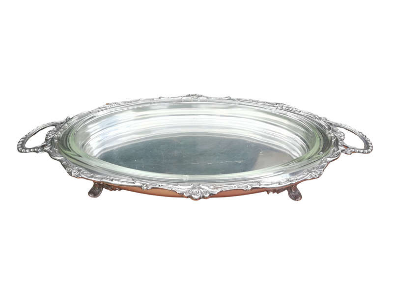A Large And Heavy Silver Plate Seranco Serving Tray On Feet With Glass Liner