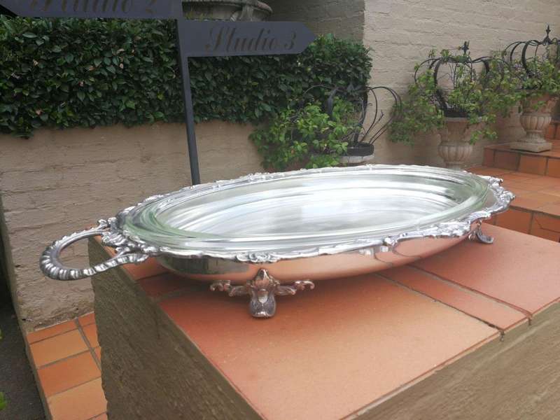 A Large And Heavy Silver Plate Seranco Serving Tray On Feet With Glass Liner