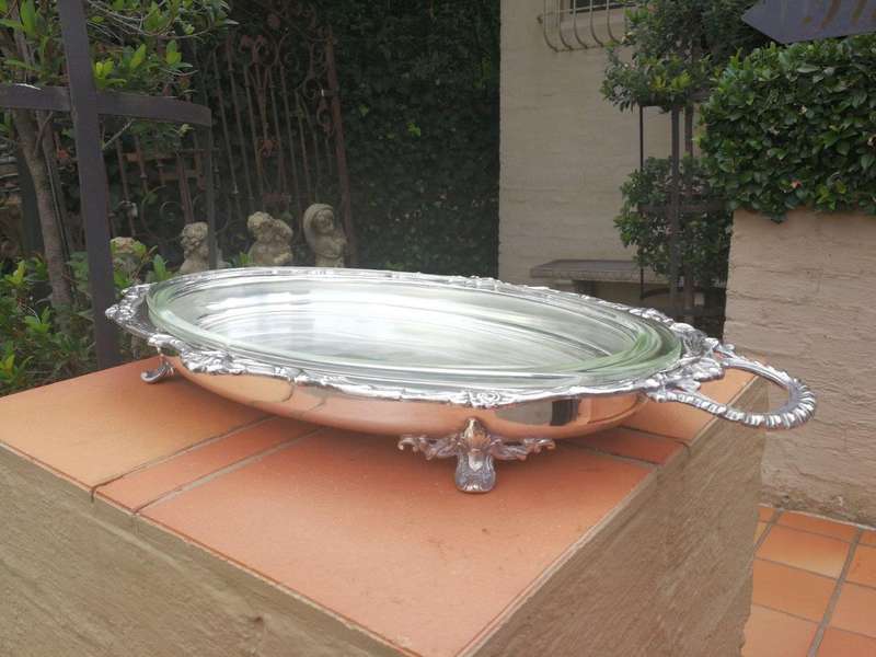 A Large And Heavy Silver Plate Seranco Serving Tray On Feet With Glass Liner