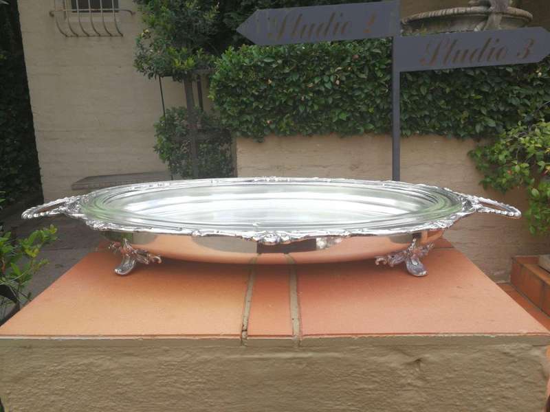 A Large And Heavy Silver Plate Seranco Serving Tray On Feet With Glass Liner