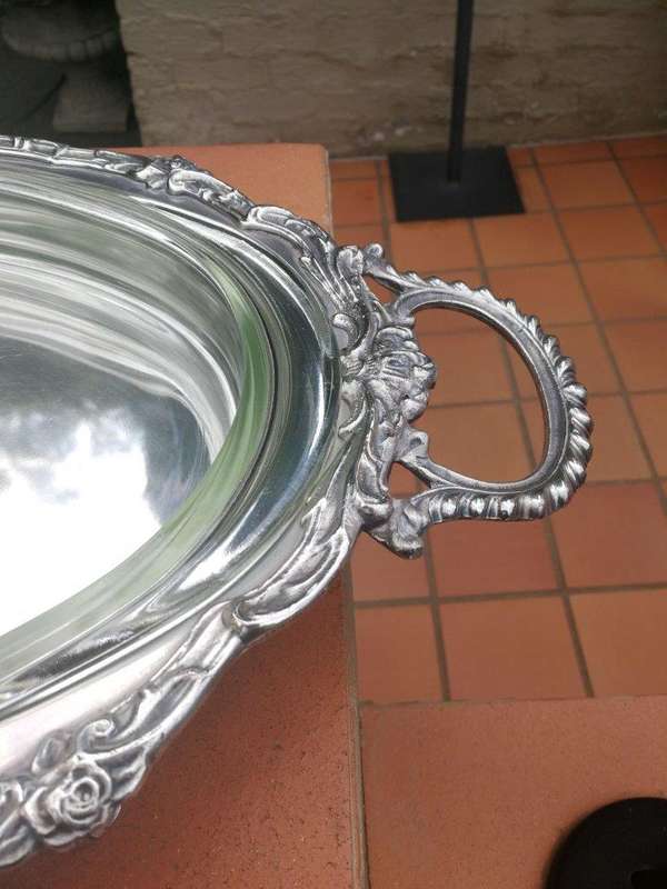 A Large And Heavy Silver Plate Seranco Serving Tray On Feet With Glass Liner