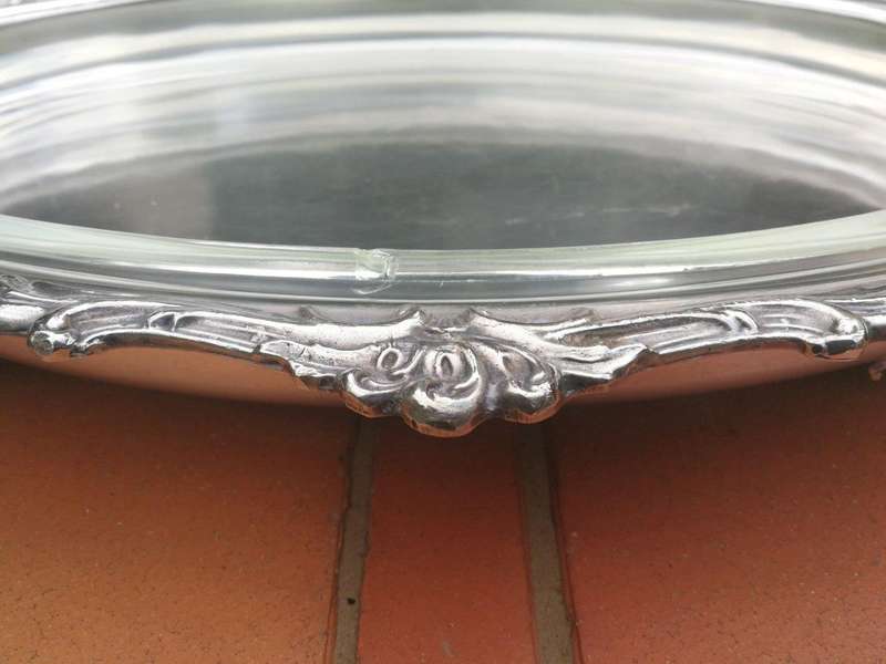 A Large And Heavy Silver Plate Seranco Serving Tray On Feet With Glass Liner