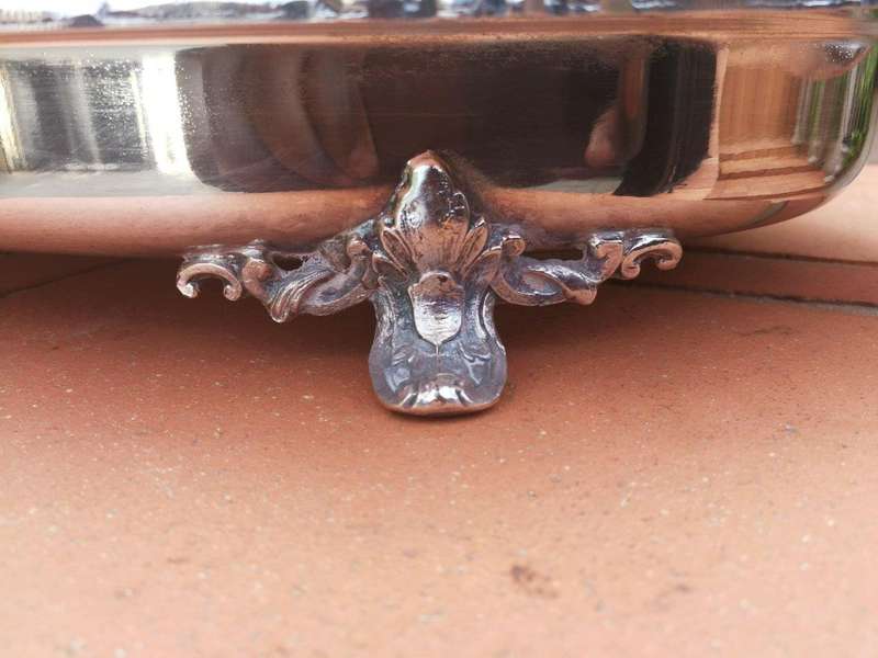 A Large And Heavy Silver Plate Seranco Serving Tray On Feet With Glass Liner