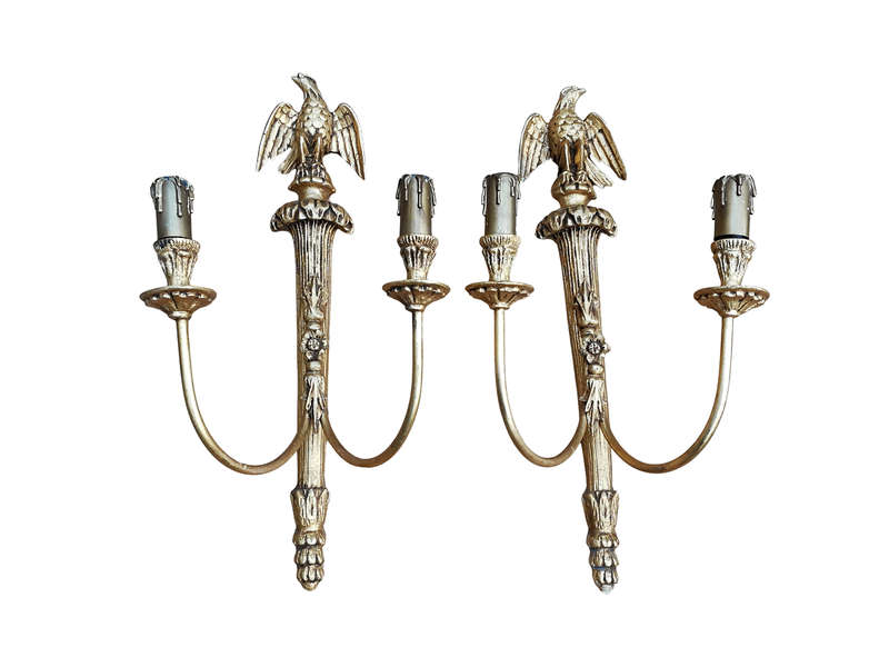 A 20th Century Pair Of Carved Gold Painted Wall Sconces With Eagles