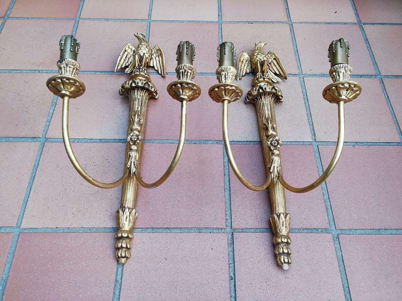 A 20th Century Pair Of Carved Gold Painted Wall Sconces With Eagles