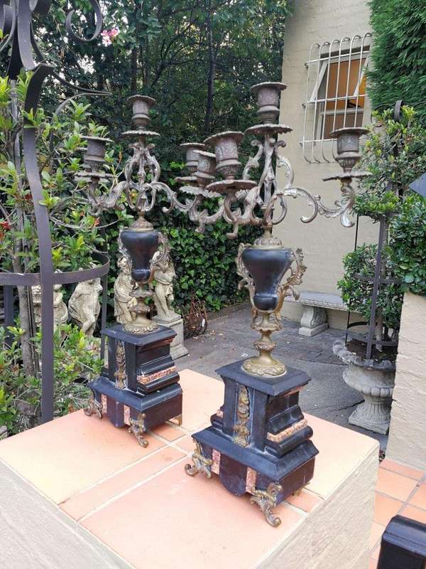 A 20TH Century French Ornate Pair of Bronze and Marble Candelabrum 