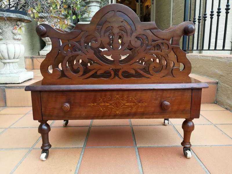 An Edwardian Circa 1905 Mahogany and Inlaid Canterbury with Drawer and on Castors