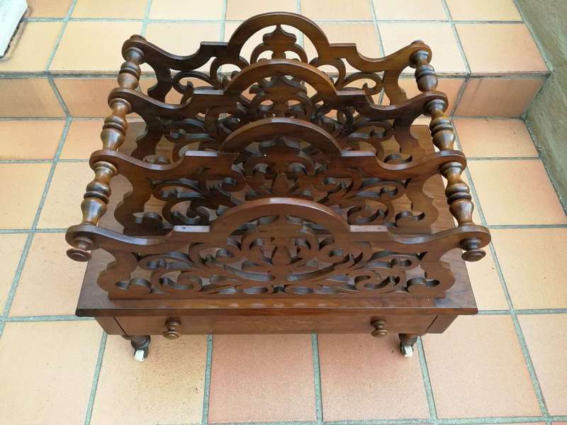 An Edwardian Circa 1905 Mahogany and Inlaid Canterbury with Drawer and on Castors