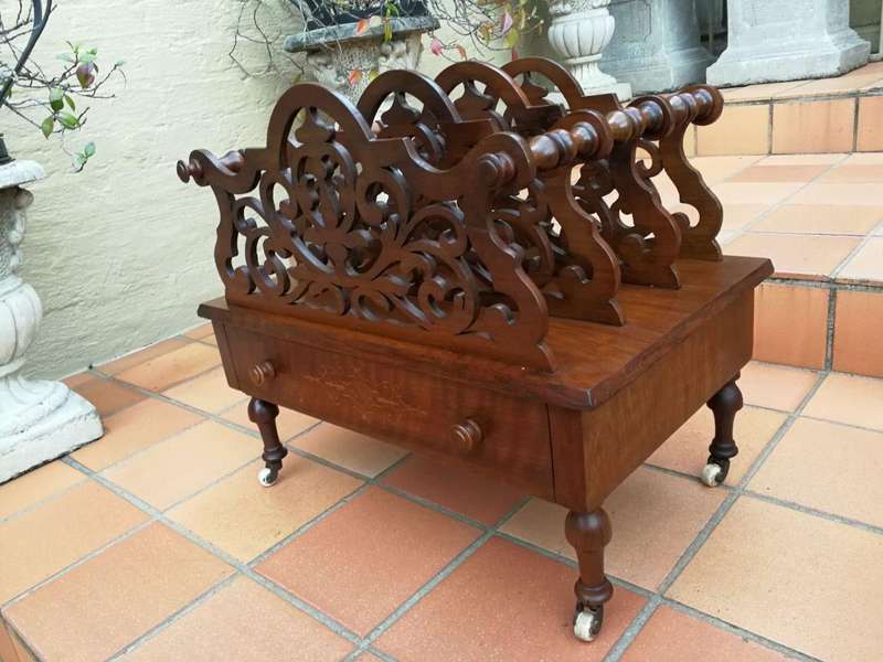 An Edwardian Circa 1905 Mahogany and Inlaid Canterbury with Drawer and on Castors