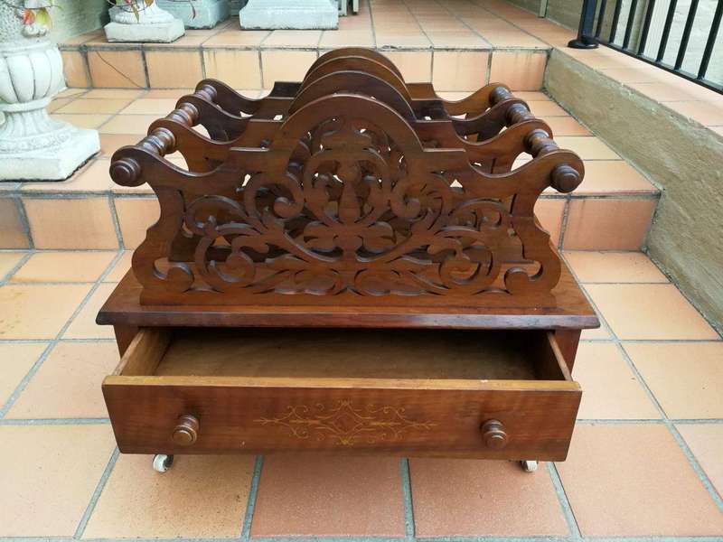 An Edwardian Circa 1905 Mahogany and Inlaid Canterbury with Drawer and on Castors