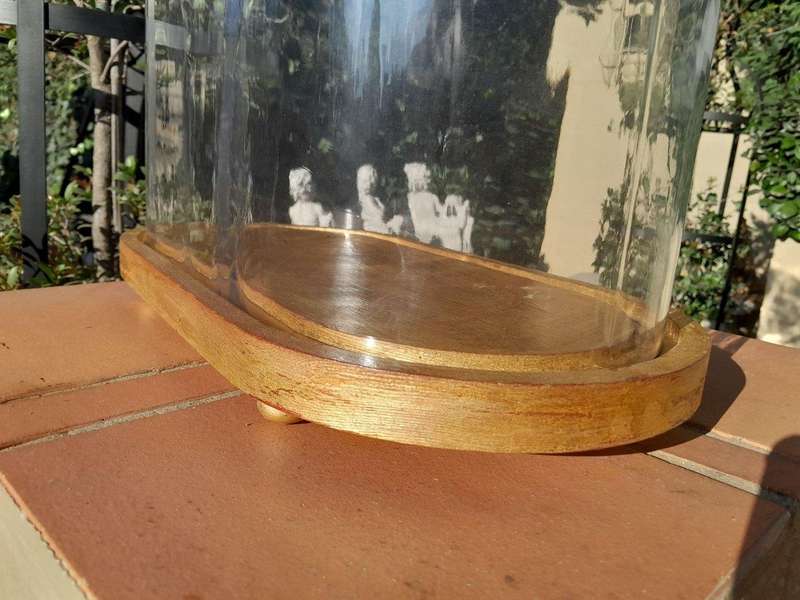 An Extra Large Dome Cloche on a Hand Gilded Wooden Base with Feet