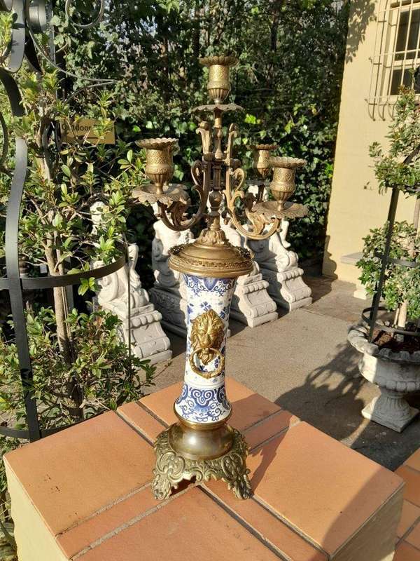 A 20th Century Dutch Delft Porcelain And Brass Candelabra