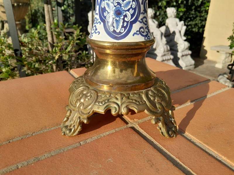 A 20th Century Dutch Delft Porcelain And Brass Candelabra