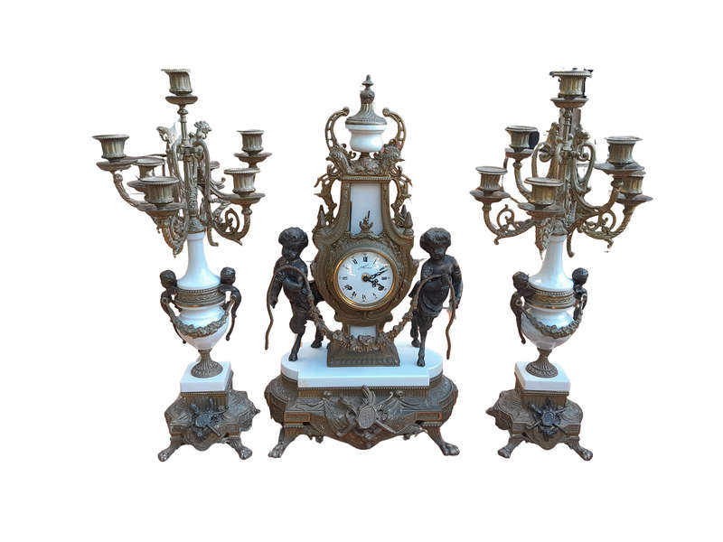 A 20th Century Brass Clock And Candelabrum Garniture Set