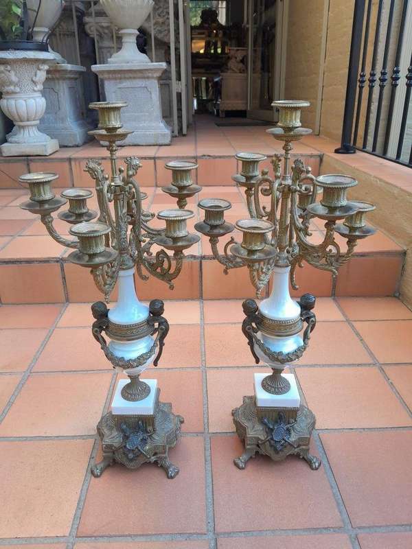A 20th Century Brass Clock And Candelabrum Garniture Set