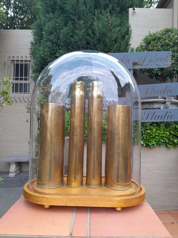 A 20th Century Circa 1940 Set Of 4 Military Brass Cannon Shells (Two With SA Union Military Marki...