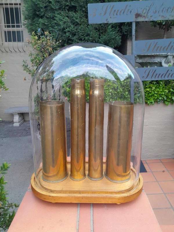 A 20th Century Circa 1940 Set Of 4 Military Brass Cannon Shells (Two With SA Union Military Marki...