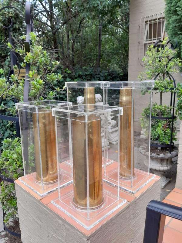 A Set Of 20th Century Circa 1940 Military Brass Cannon Shells Two With SA Union Military Markings...