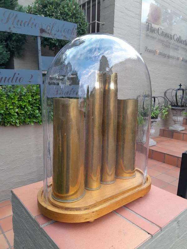 A 20th Century Circa 1940 Set Of 4 Military Brass Cannon Shells (Two With SA Union Military Marki...