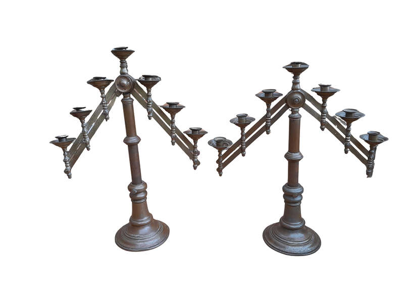 An Antique 20th Century Pair Of Brass  Seven Light Adjustable Alter Candelabras
