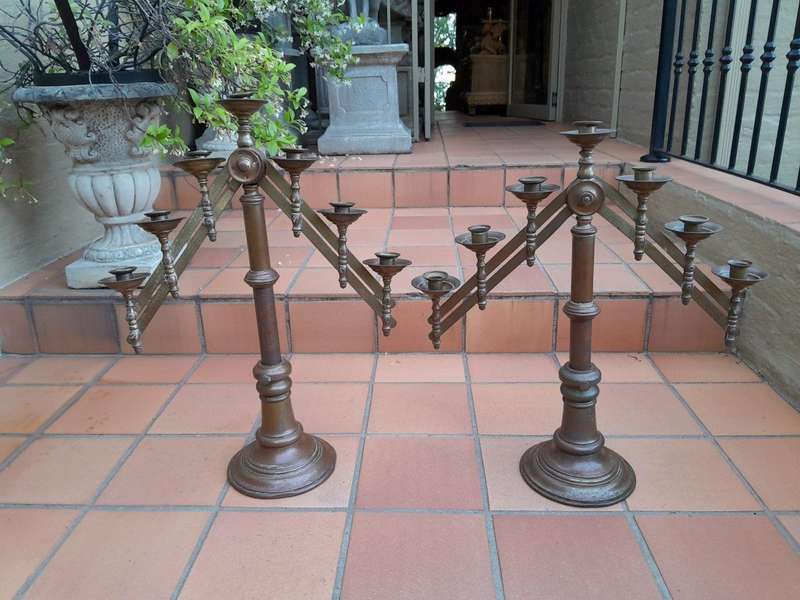 An Antique 20th Century Pair Of Brass  Seven Light Adjustable Alter Candelabras
