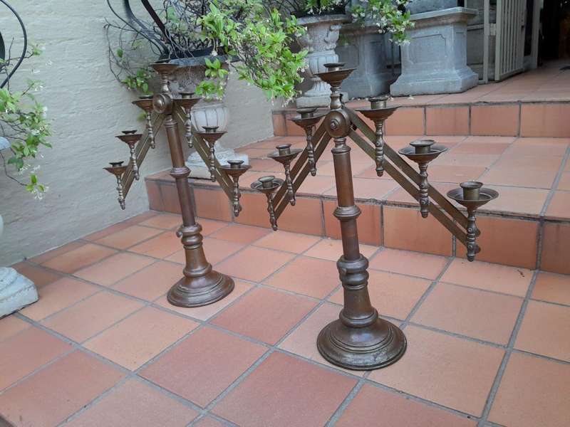 An Antique 20th Century Pair Of Brass  Seven Light Adjustable Alter Candelabras