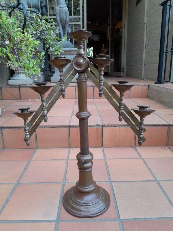 An Antique 20th Century Pair Of Brass  Seven Light Adjustable Alter Candelabras