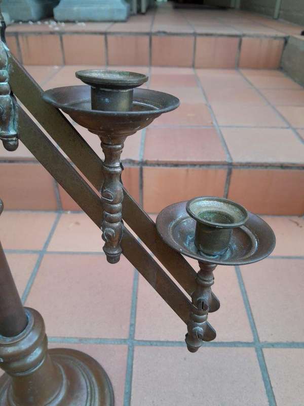 An Antique 20th Century Pair Of Brass  Seven Light Adjustable Alter Candelabras