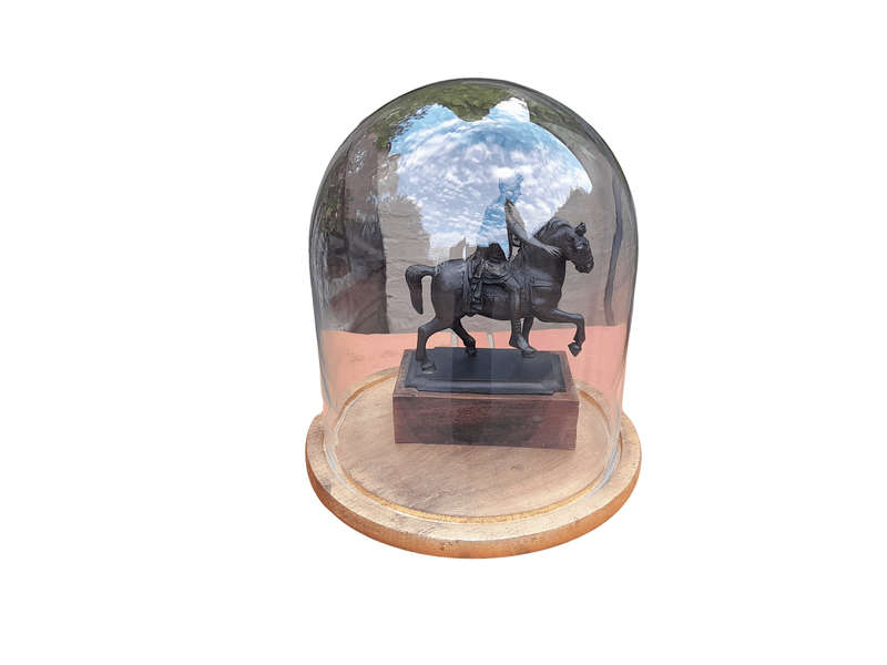 A Bronze Male Figurine On Horseback On Wooden Base In A Glass Cloche