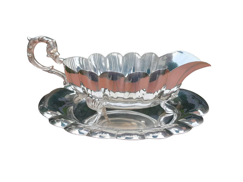 A 20th Century Silver Plate Gravy / Sauce Boat On Tray