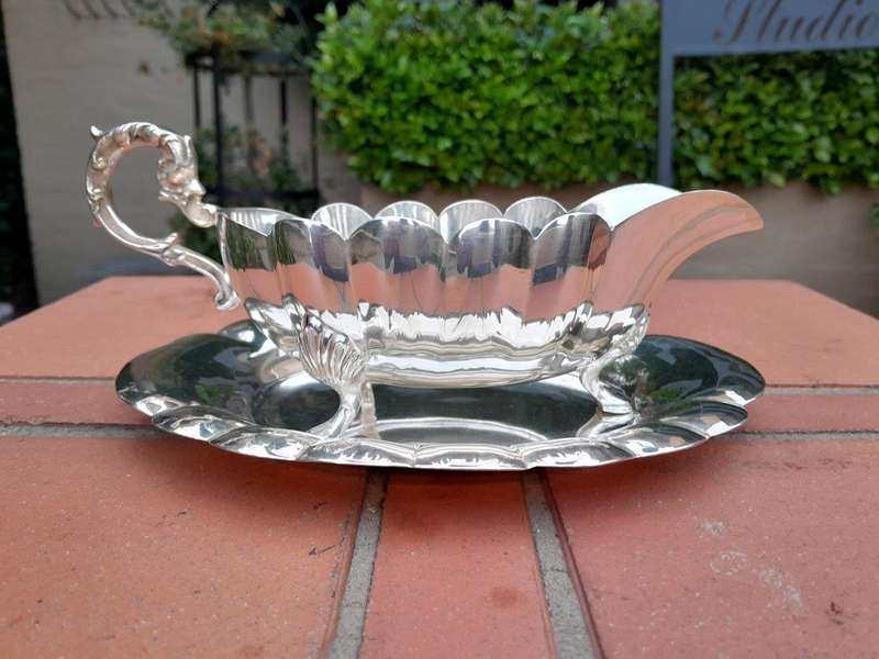 A 20th Century Silver Plate Gravy / Sauce Boat On Tray