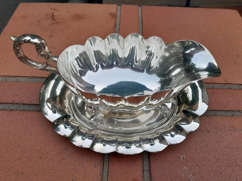 A 20th Century Silver Plate Gravy / Sauce Boat On Tray